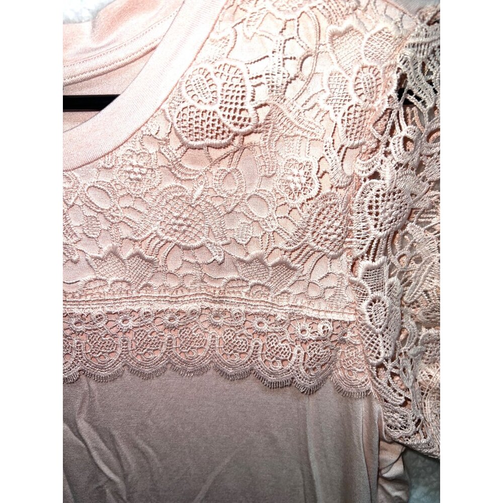 Adrianna Papell Large Womens Pink / Peach Crochet Short Sleeve Blouse - Picture 4 of 6